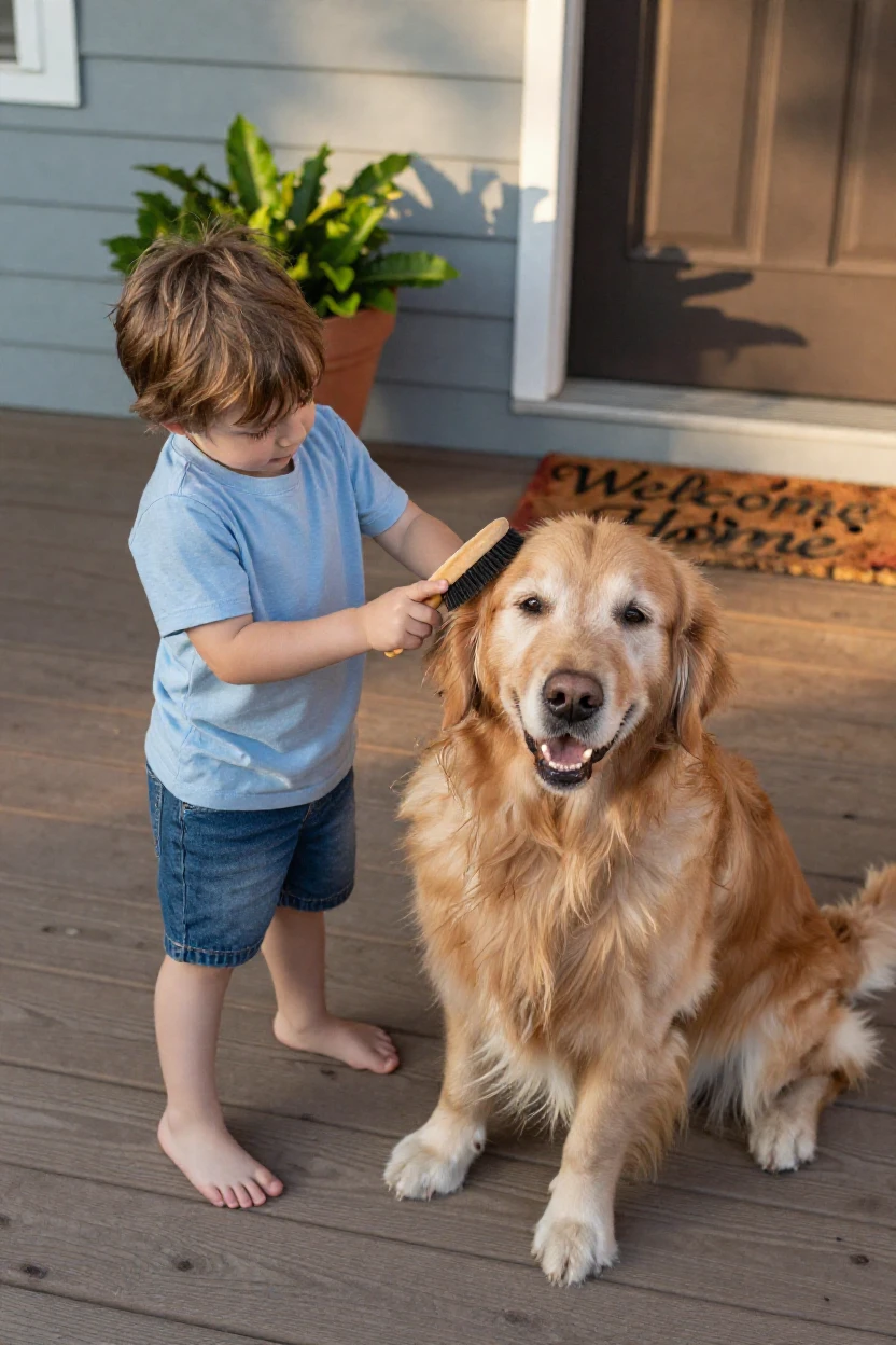 A child brushing a fluffy dog's coat on the porch.