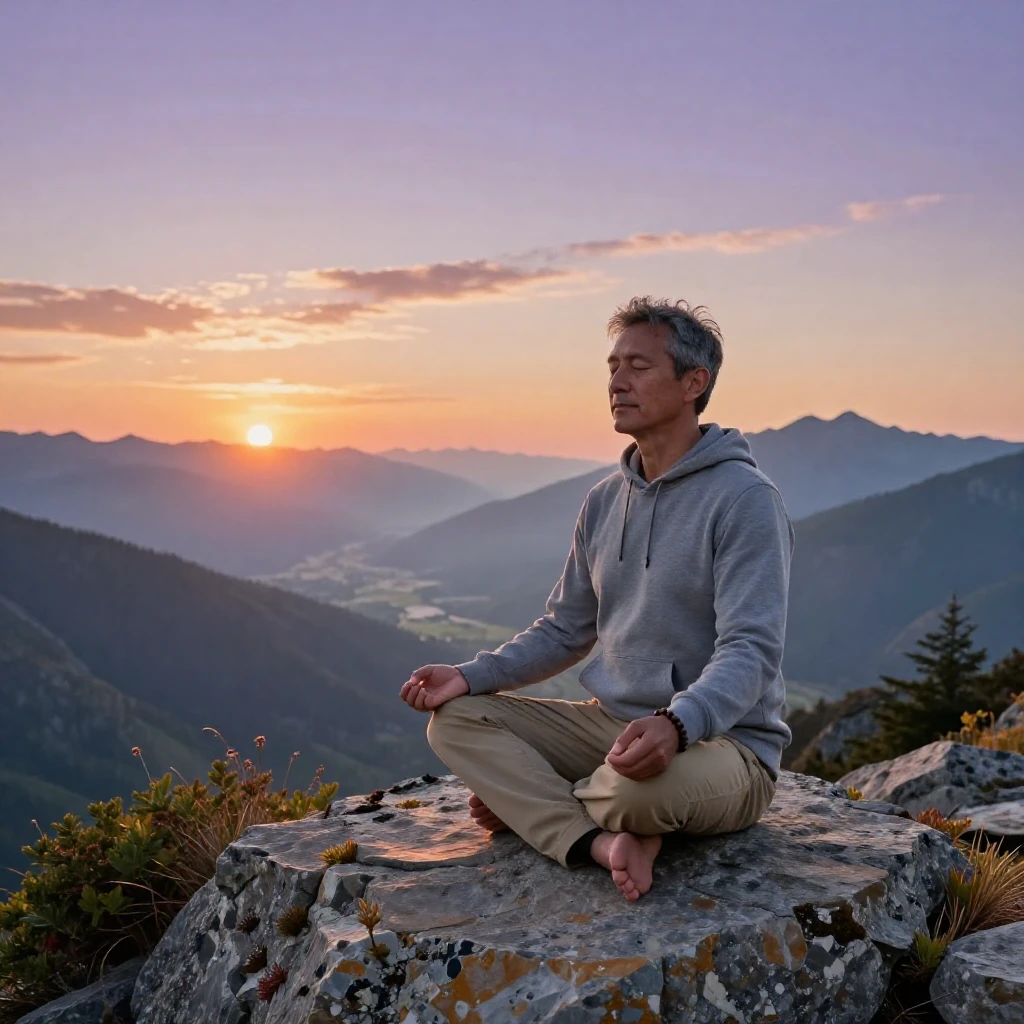 A man meditating in lotus position on a mountain overlook at dawn.