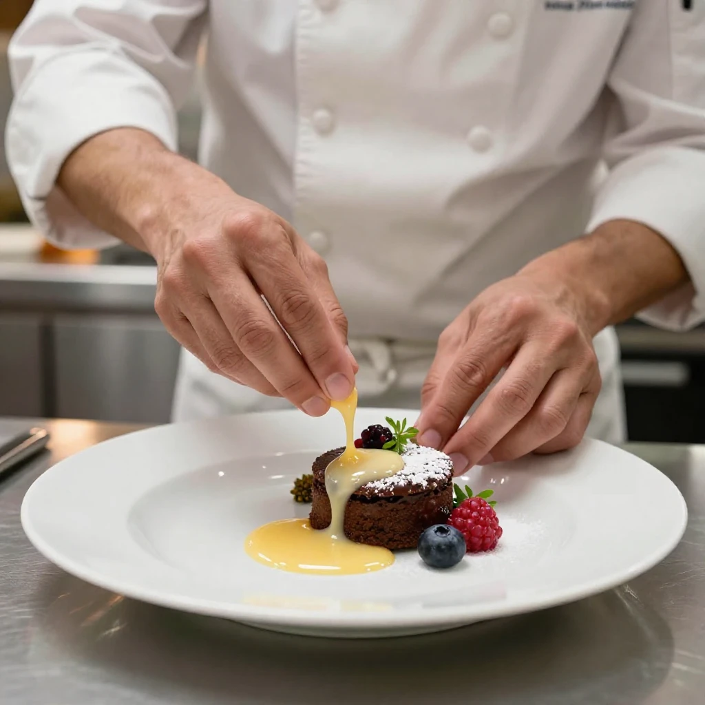 A close-up of a chef plating a dessert with a delicate sauce swirl.