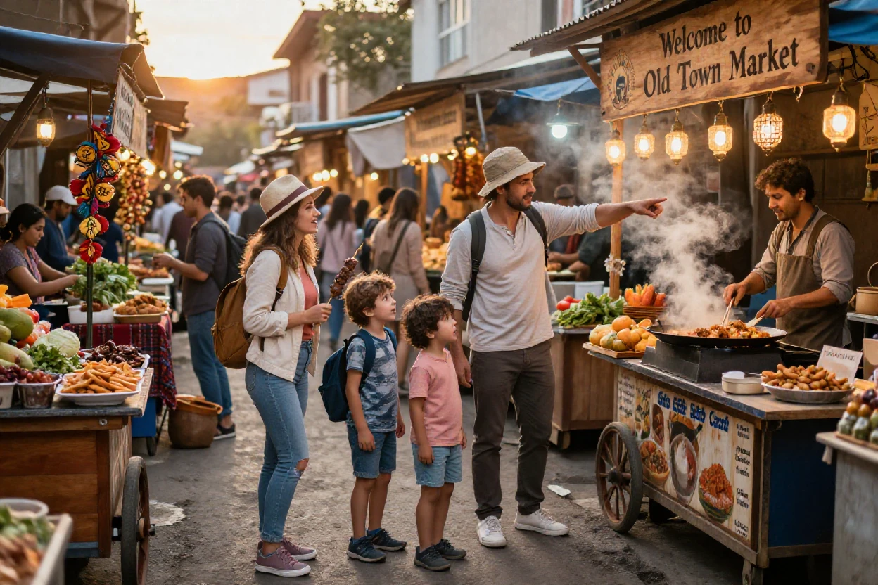 A family exploring a bustling street food market abroad.