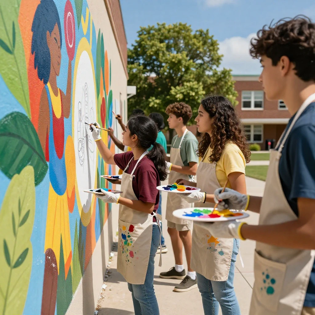 A group of students collaborating on a mural painting project.