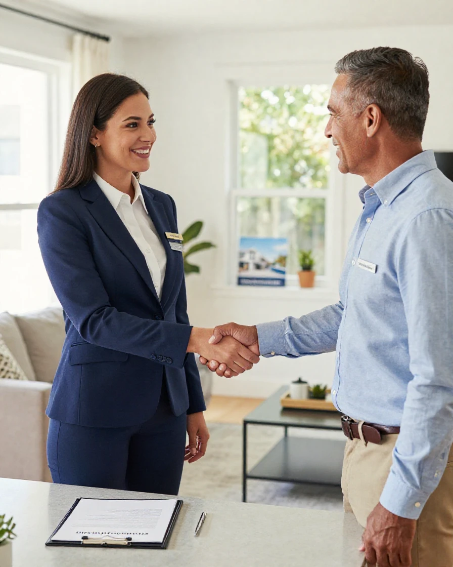 A real estate agent shaking hands with a client after closing a deal.