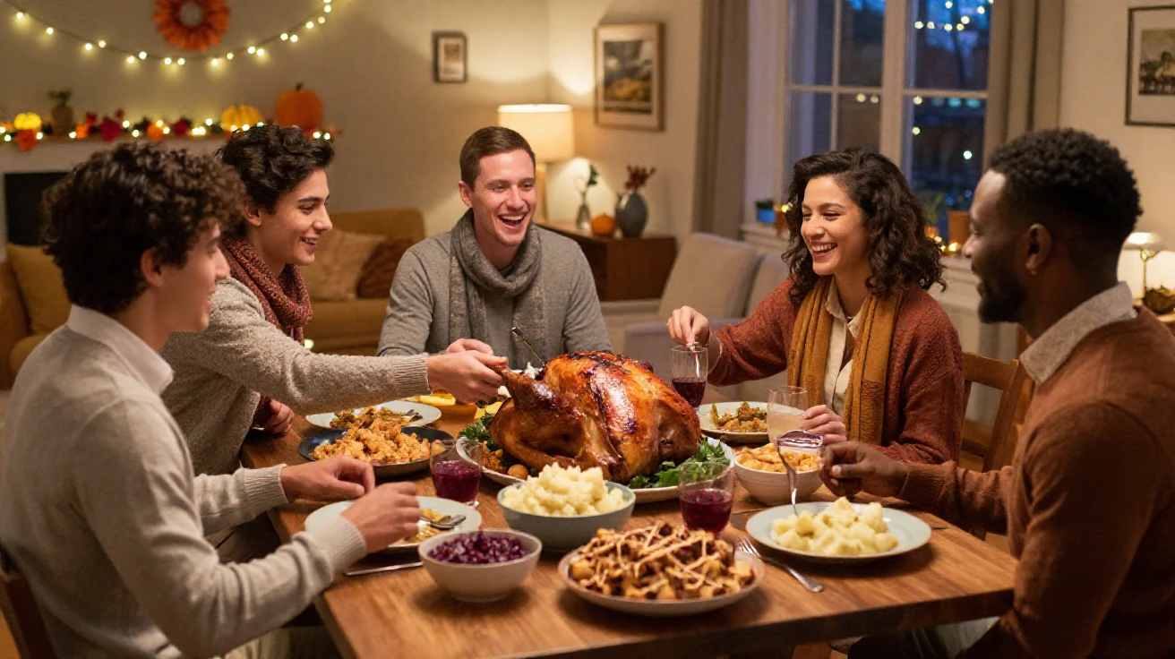 Friends gathered for a festive Friendsgiving dinner at an apartment.