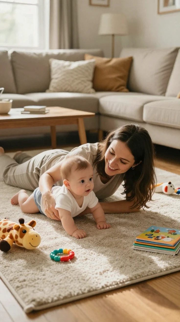 A mother and baby doing tummy time together on a living room rug.