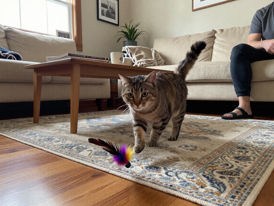 A cat chasing a feather toy across the living room floor.