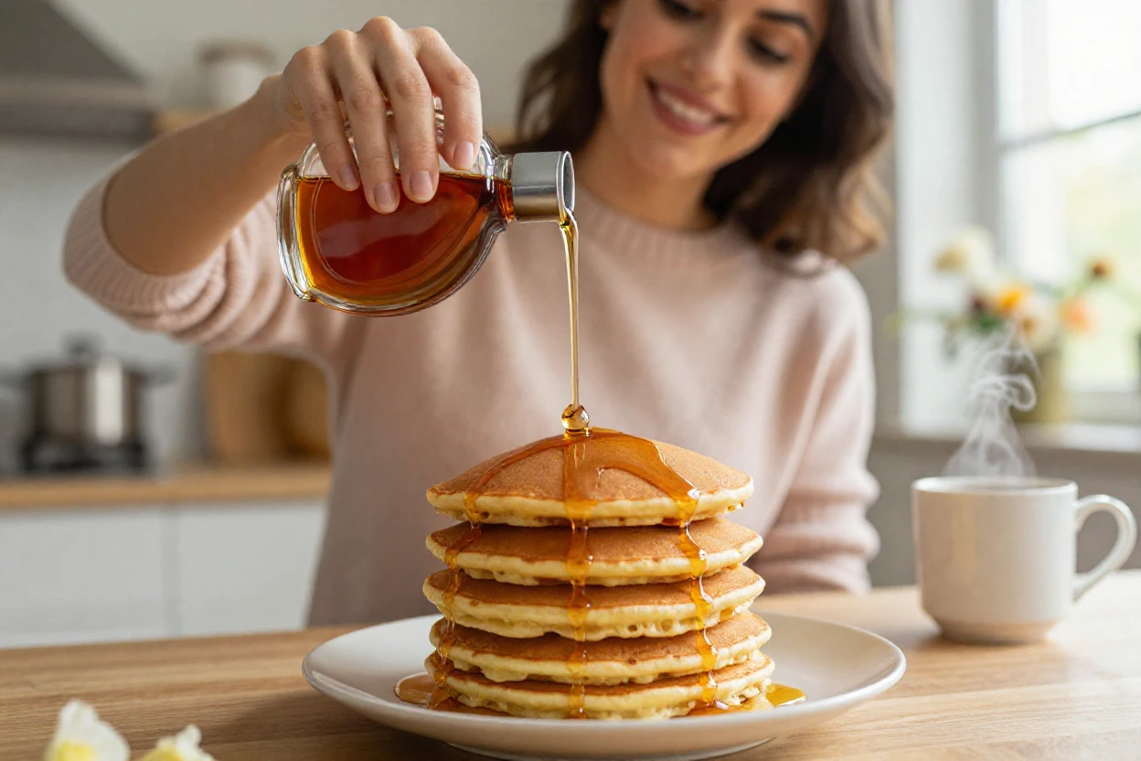 A woman pouring pancake syrup over a stack of fluffy pancakes.