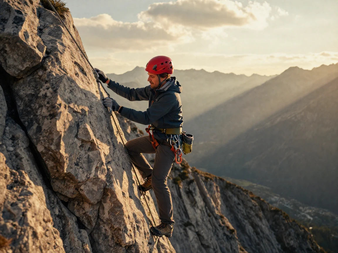 A man climbing a via ferrata route on a steep mountain cliff.