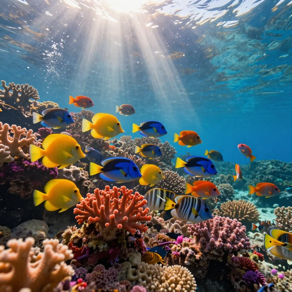 A vibrant coral reef with a school of tropical fish swimming through.