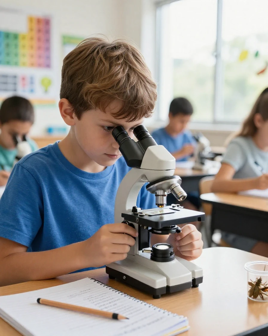 A child using a microscope to examine a specimen in science class.