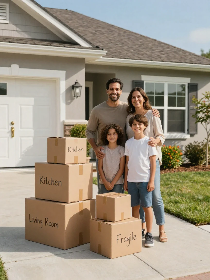 A family posing together in front of their new home with moving boxes.