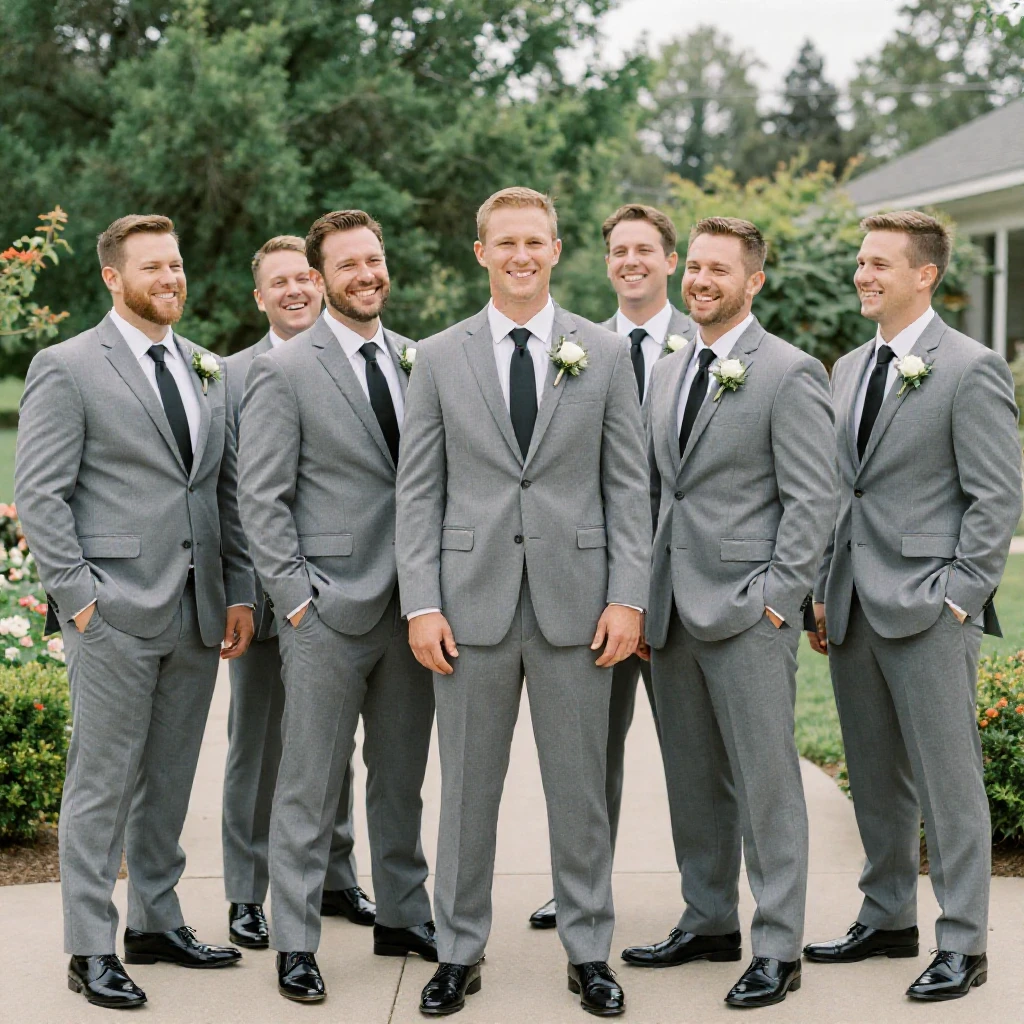 A groom and groomsmen posing together in matching suits before a wedding.