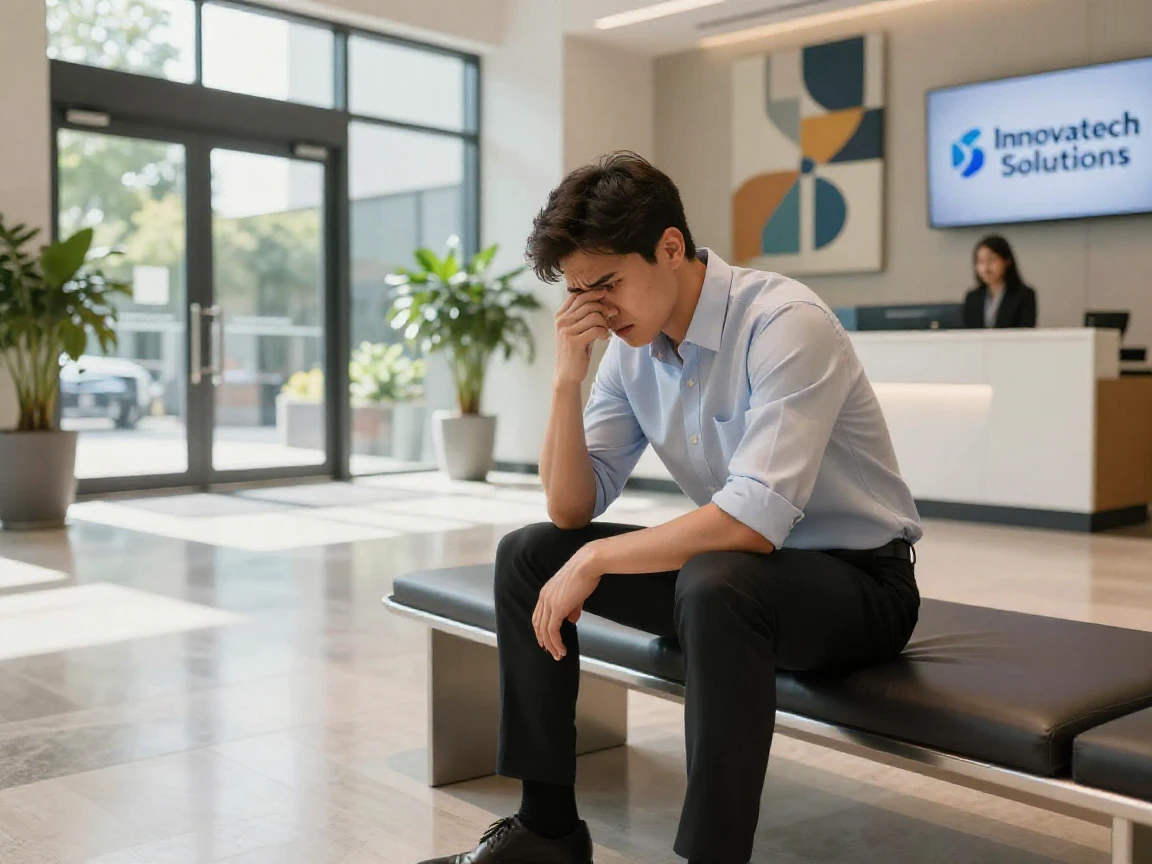A young intern nervously waiting in a lobby before a job interview.