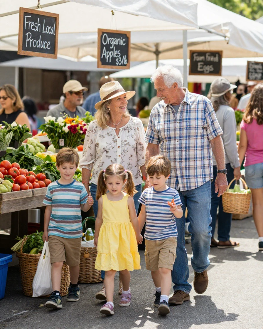 Grandparents walking hand in hand with their grandchildren through a farmers market.