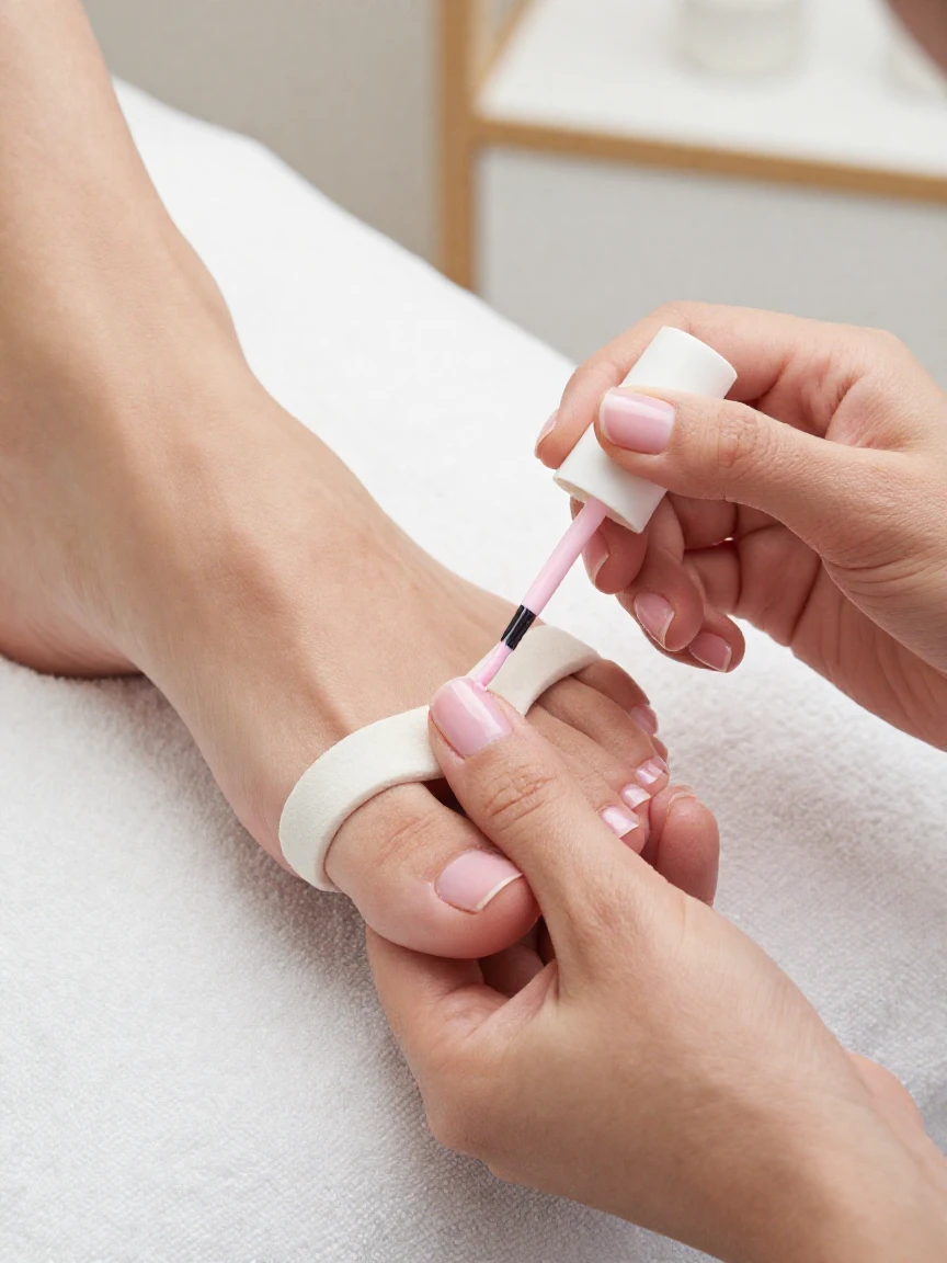 A close-up of a pedicure being done with soft pink polish.