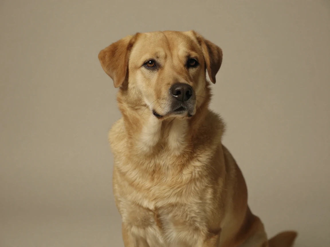 A dog sitting calmly for a portrait photo in a studio.