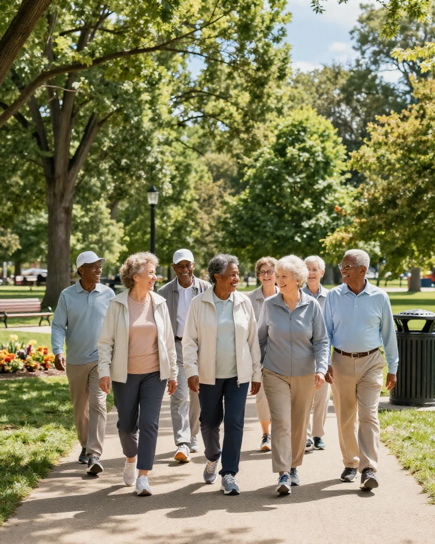 A group of seniors walking together in a park for daily exercise.