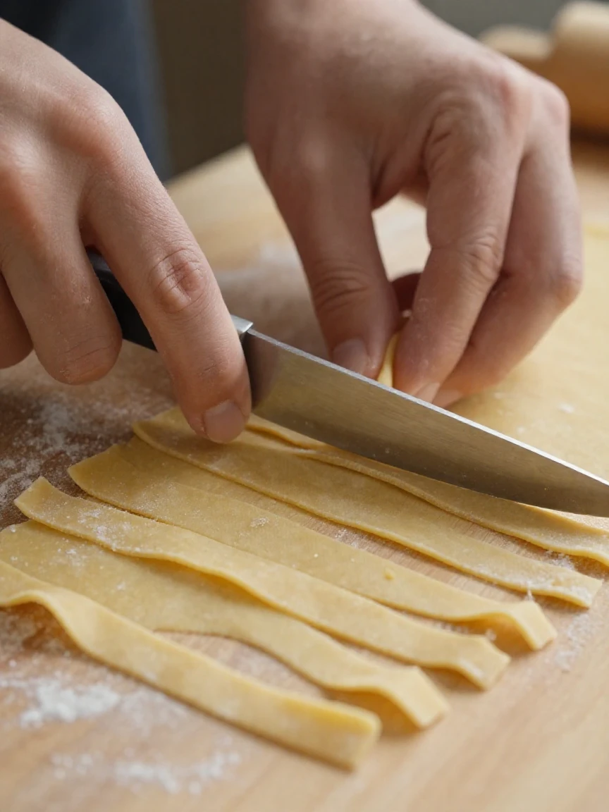 A close-up of fresh pasta being cut into strands by hand.