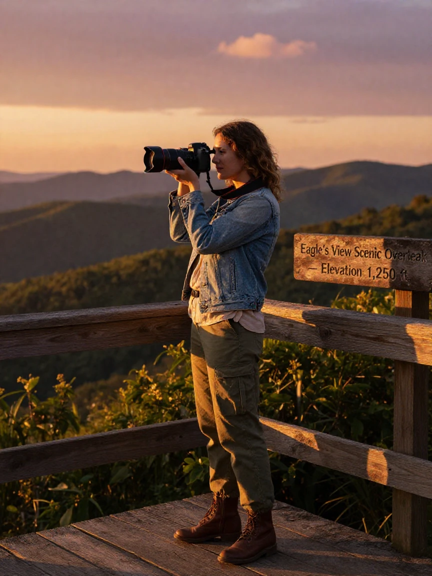 A woman practicing photography at a scenic overlook during golden hour.