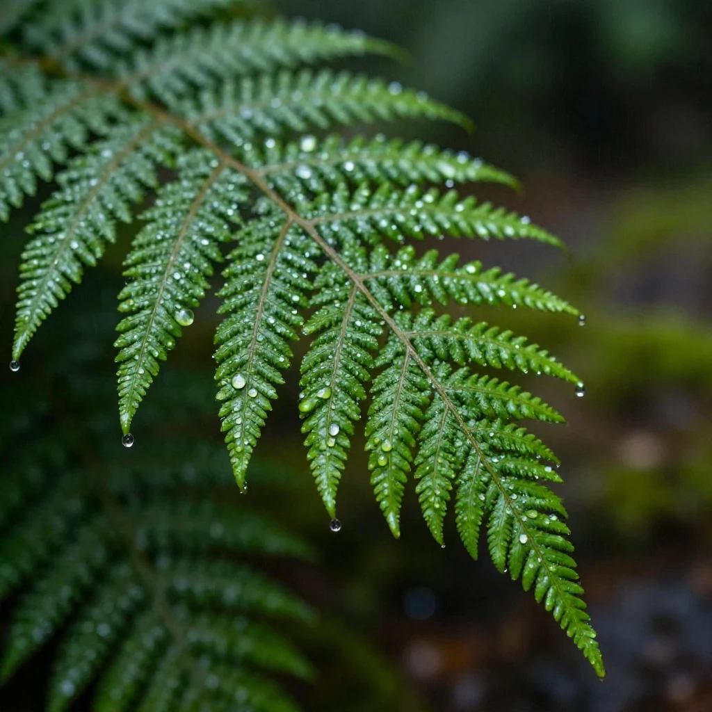 A close-up of raindrops trickling down a green fern leaf.