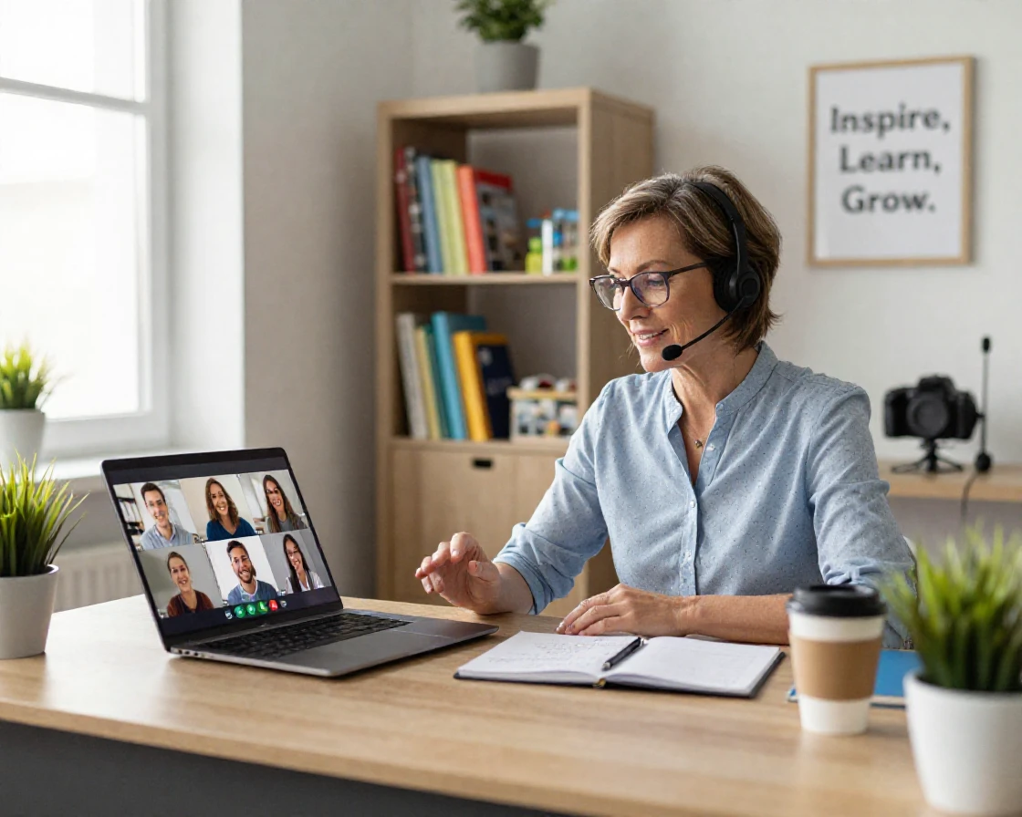 A teacher video conferencing with students during a remote learning session.