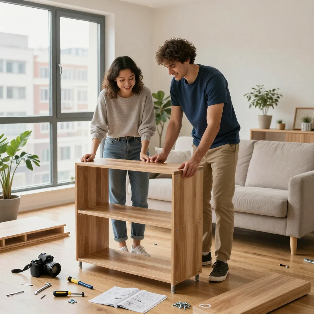 A couple assembling furniture together in their new apartment.