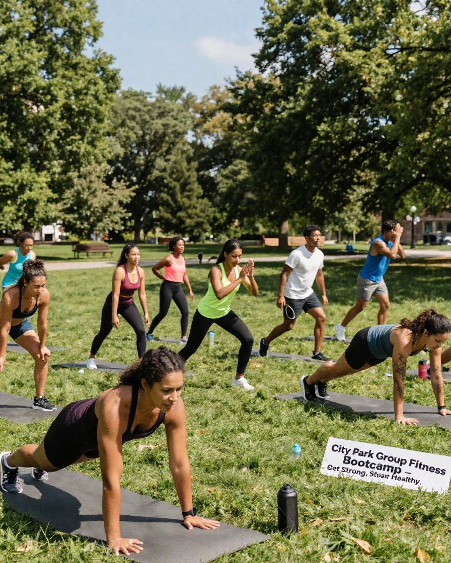 A group of friends doing a group fitness bootcamp in a park.