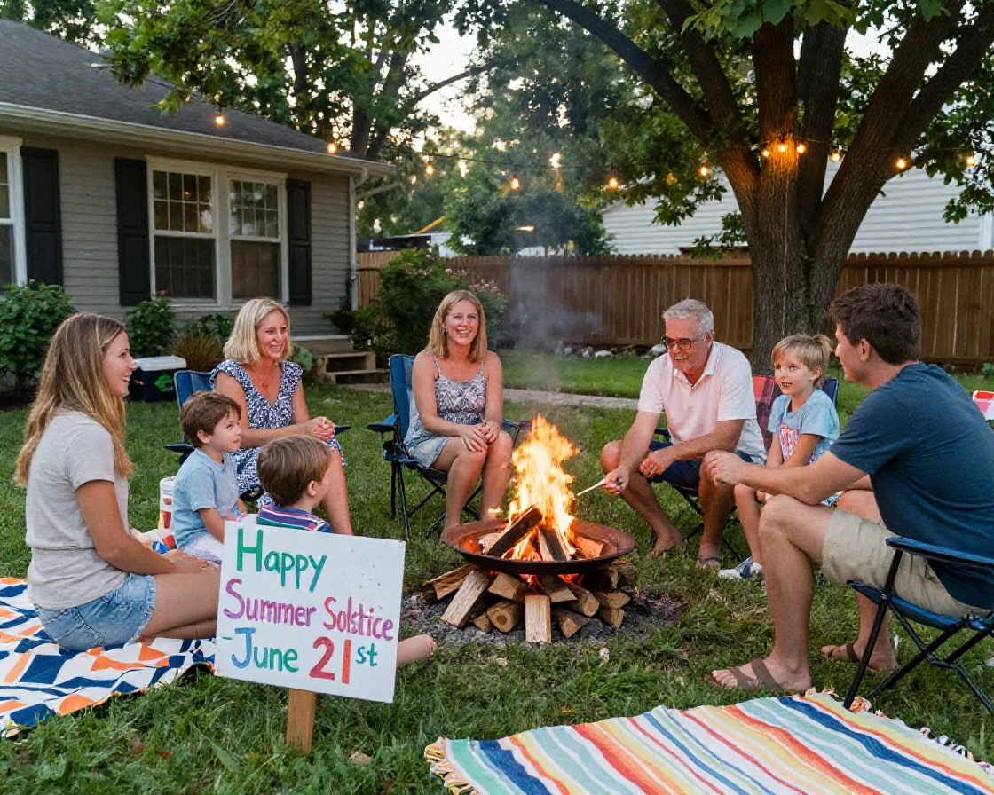 A family lighting a bonfire to celebrate a summer solstice gathering.