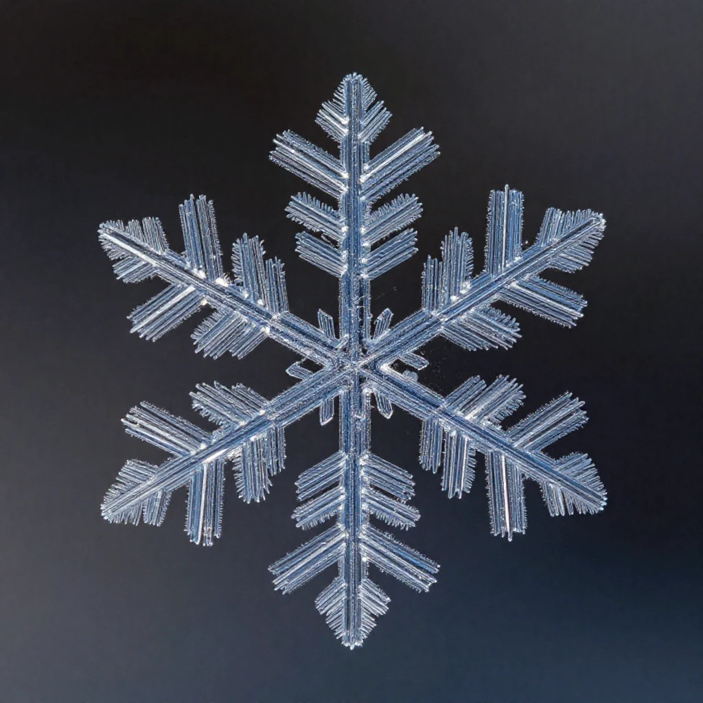 Close-up of a snowflake pattern magnified against a dark background.