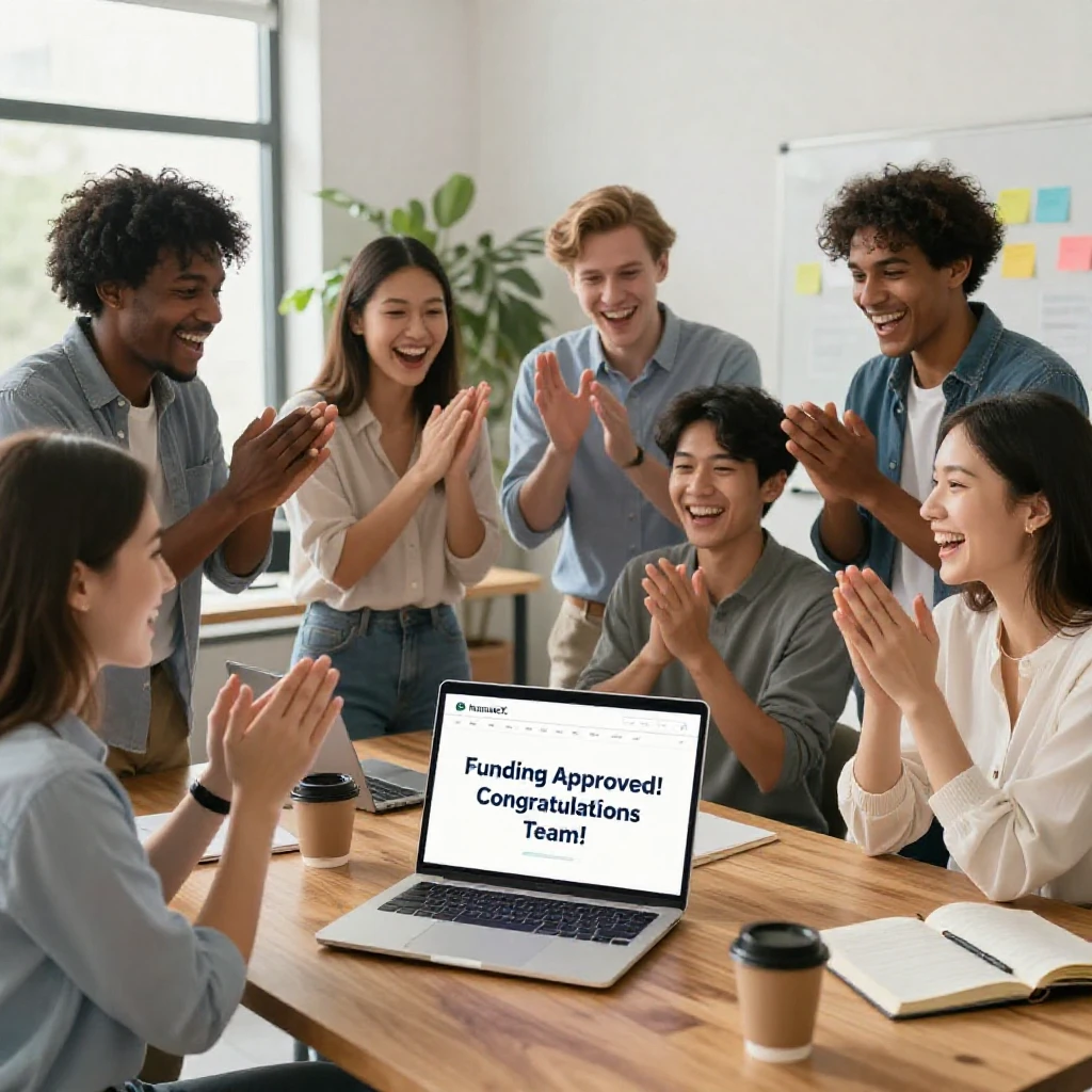 A diverse startup team celebrating around a laptop after receiving funding news.