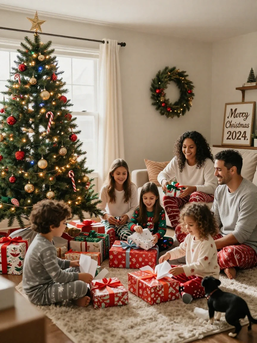 A family unwrapping presents together on Christmas morning by the tree.