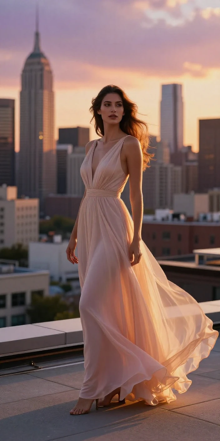 A model posing on a rooftop at golden hour in a flowing gown.