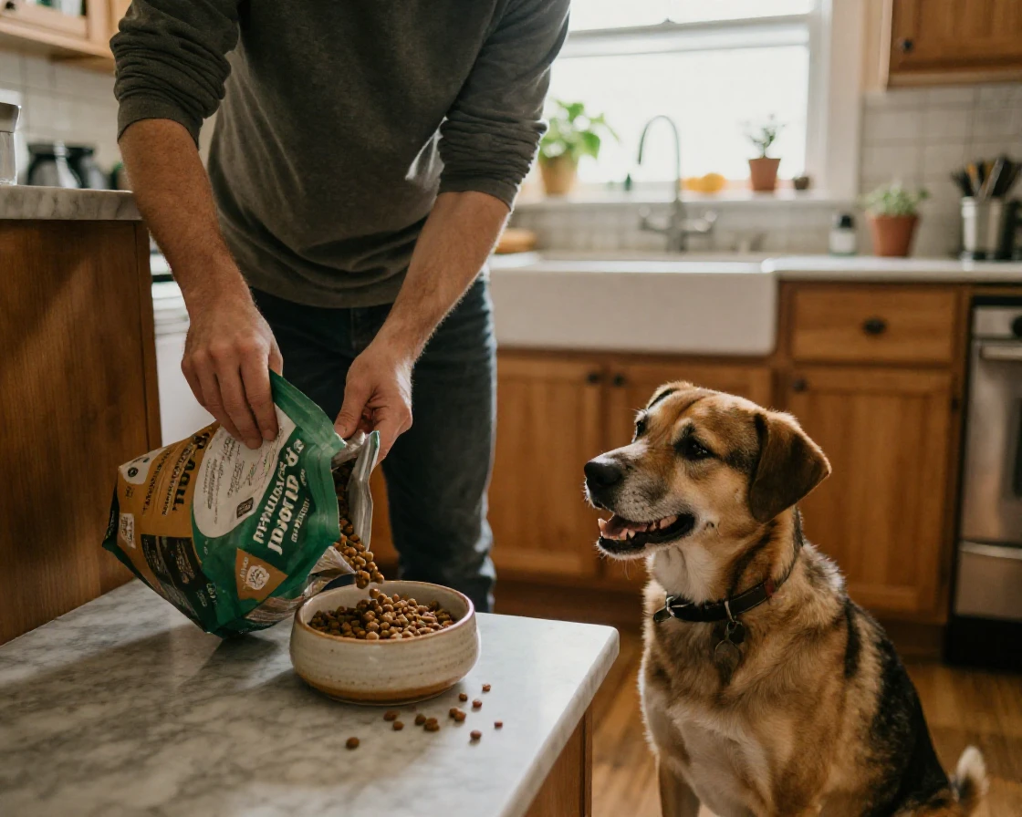 A pet owner filling a dog's food bowl in the kitchen.