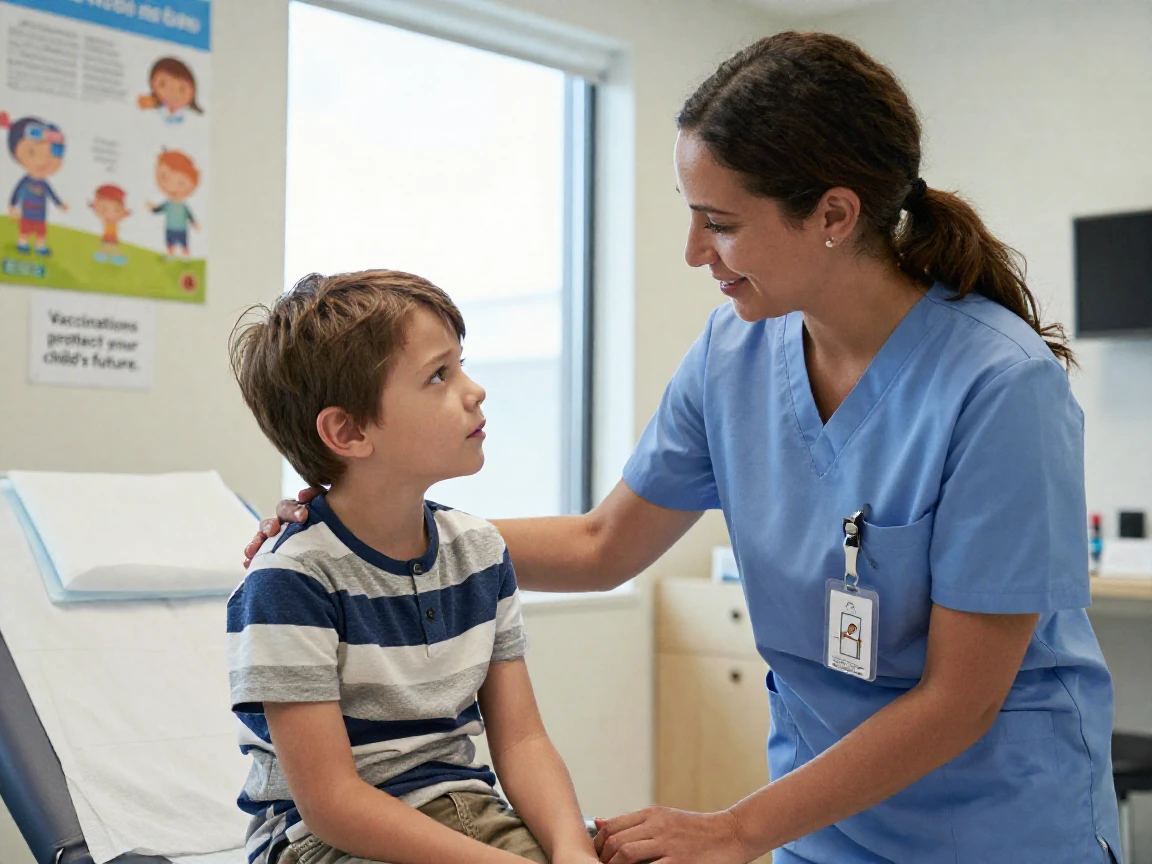 A nurse comforting a young patient before a vaccination.