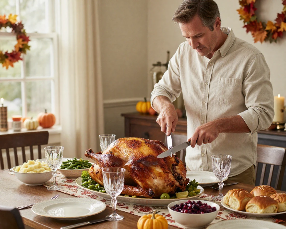 A man carving a roasted turkey at a holiday dinner table.