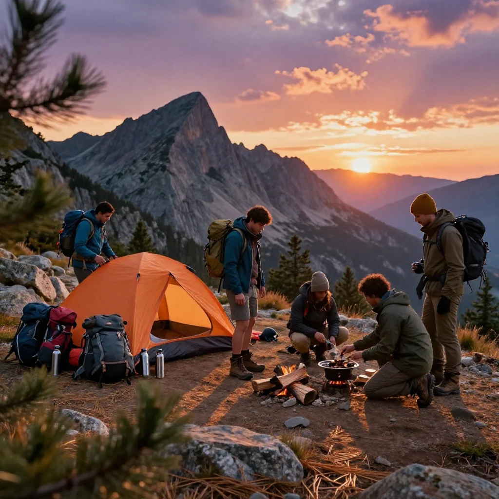 A group of hikers setting up camp as the sun sets behind mountains.