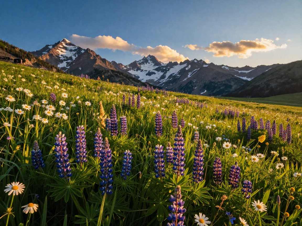 A mountain meadow blanketed with wildflowers in early summer.