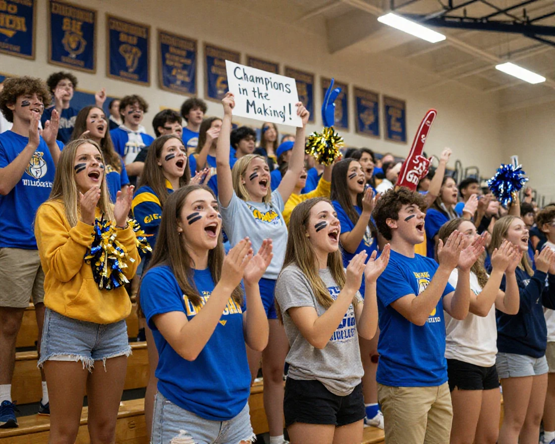 A group of students cheering at a school pep rally.