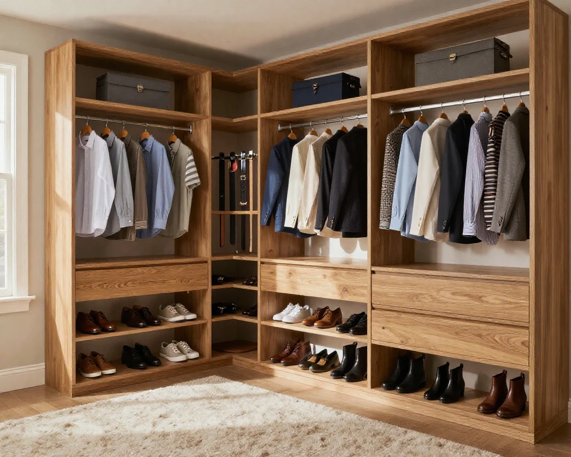 A staged walk-in closet with neatly organized clothes and shoes.