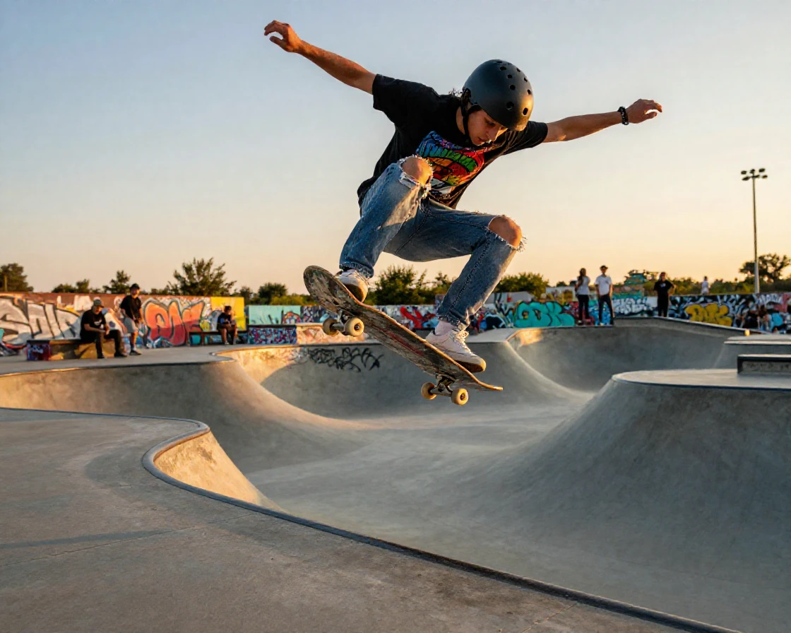 A skateboarder performing a trick at a skate park.