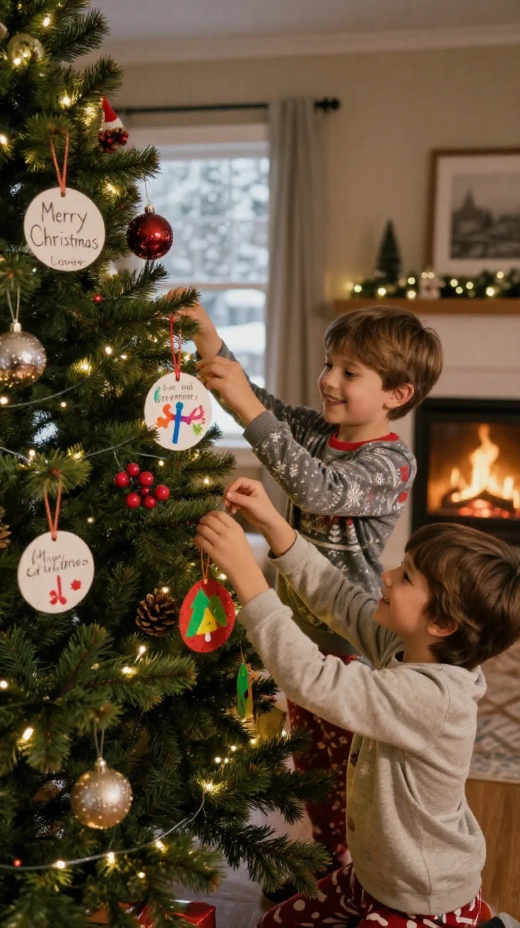 Children decorating a Christmas tree with handmade ornaments.