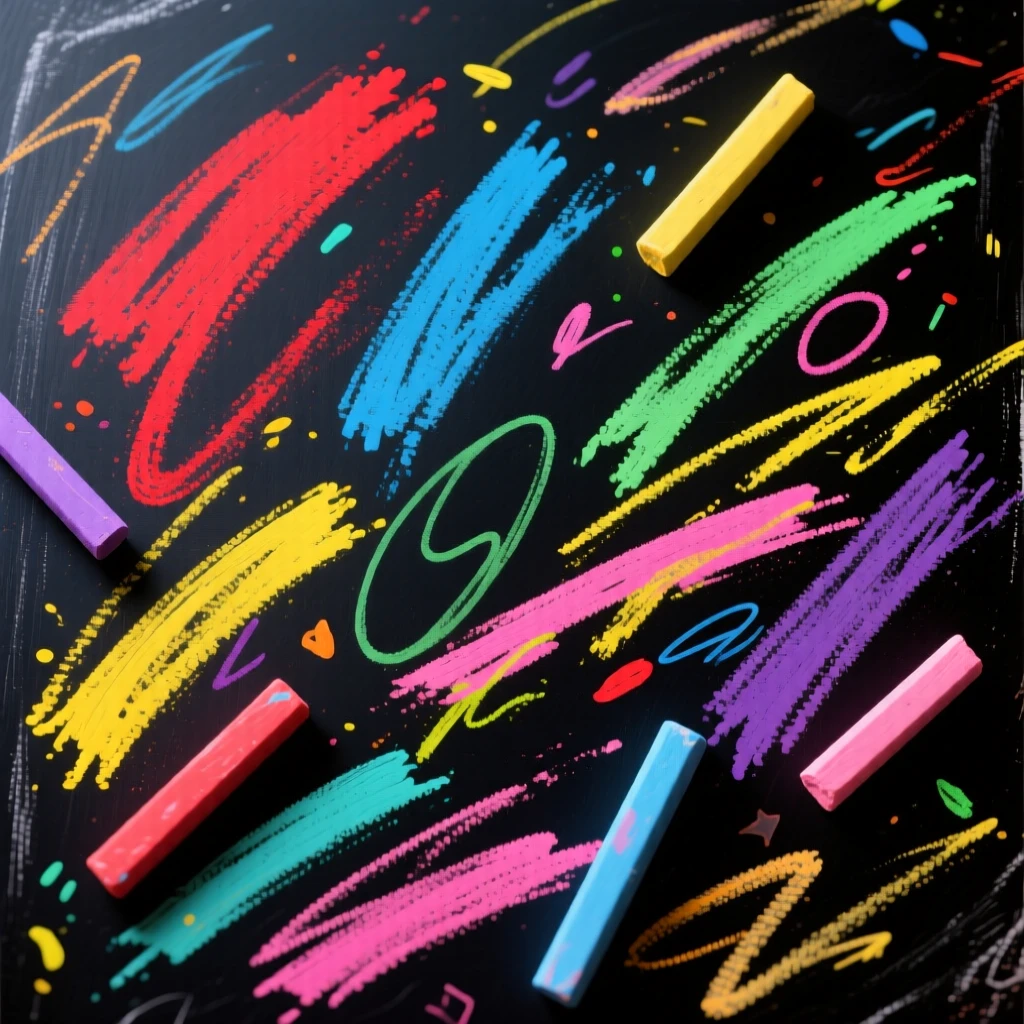 Abstract background of colorful chalk marks on a blackboard.
