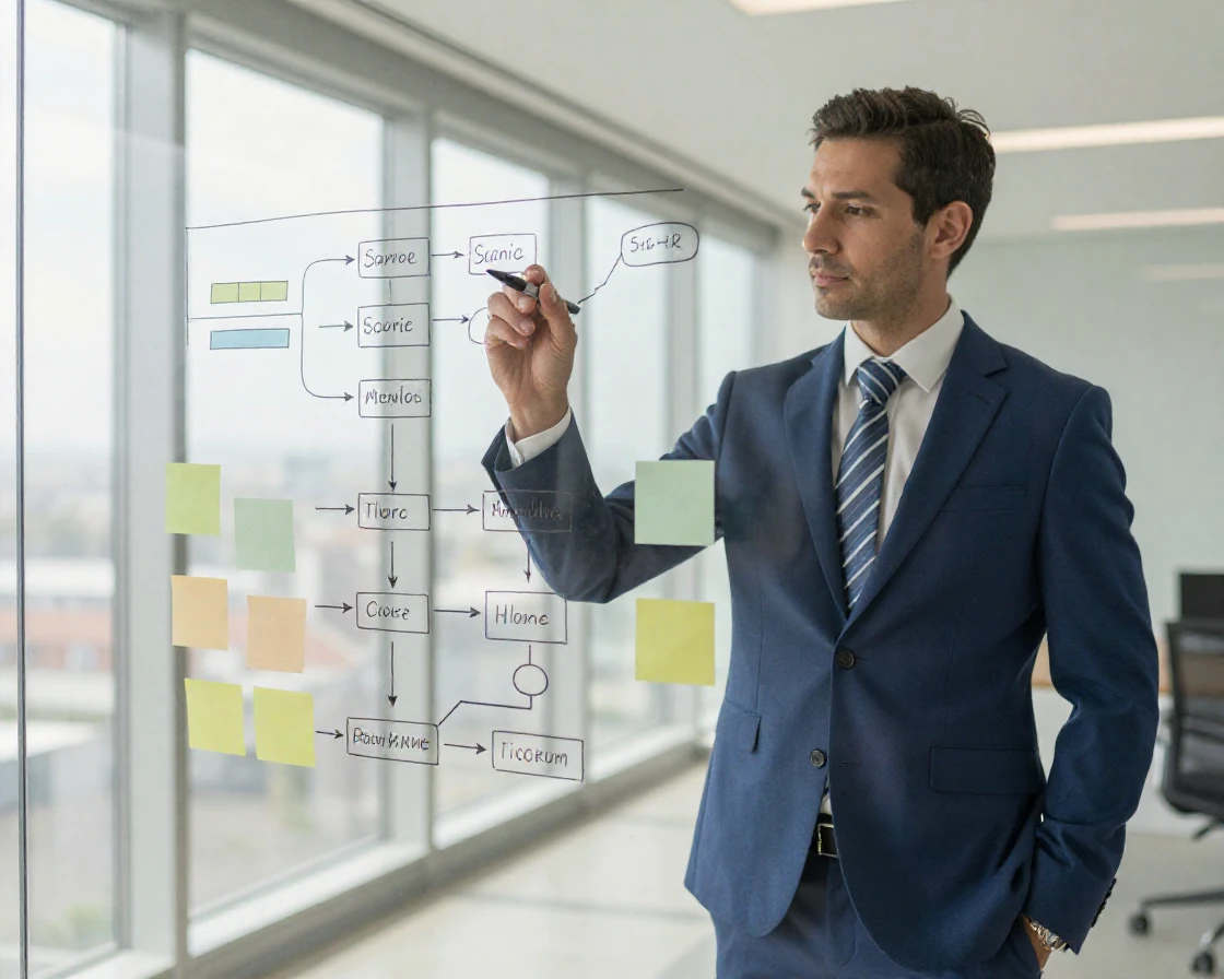 A businessman writing on a glass wall covered in strategy diagrams.