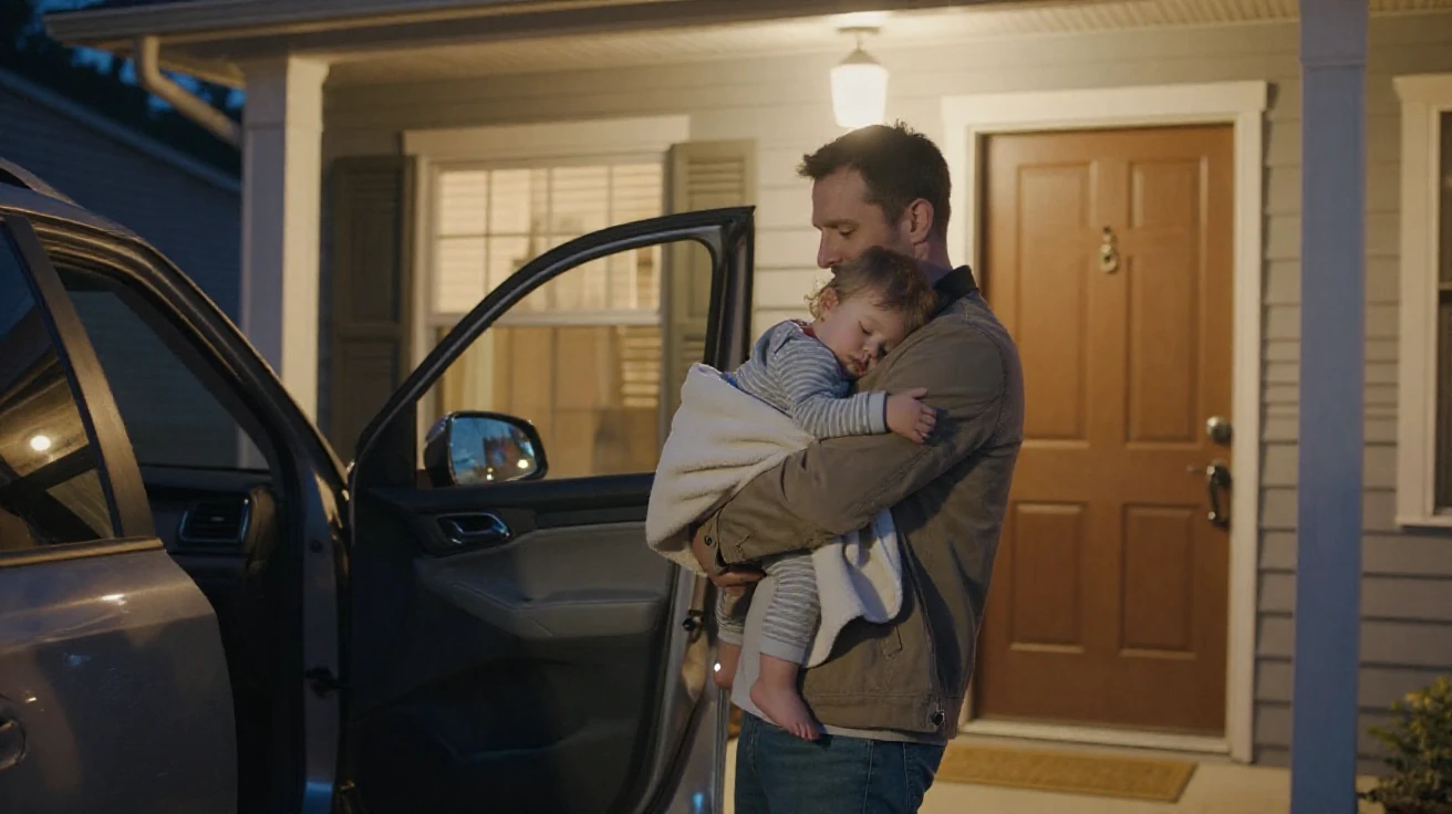 A father carrying his sleeping toddler from the car into the house at night.