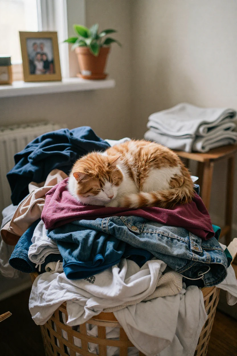 A cat curled up asleep on top of a pile of laundry.