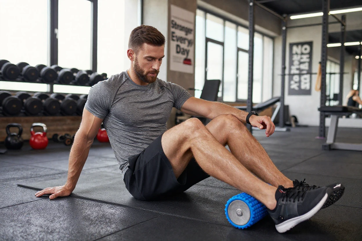 A man foam rolling his legs after a workout at the gym.