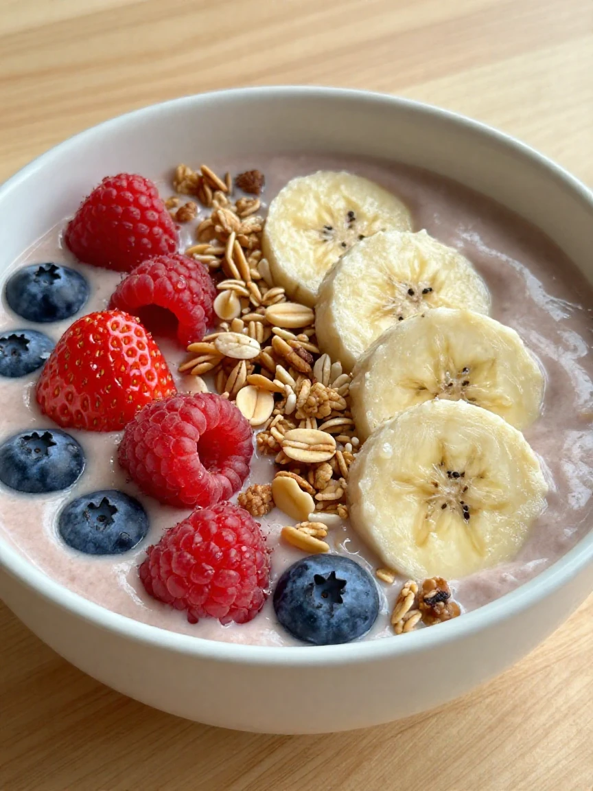A close-up of a smoothie bowl topped with granola, banana, and berries.