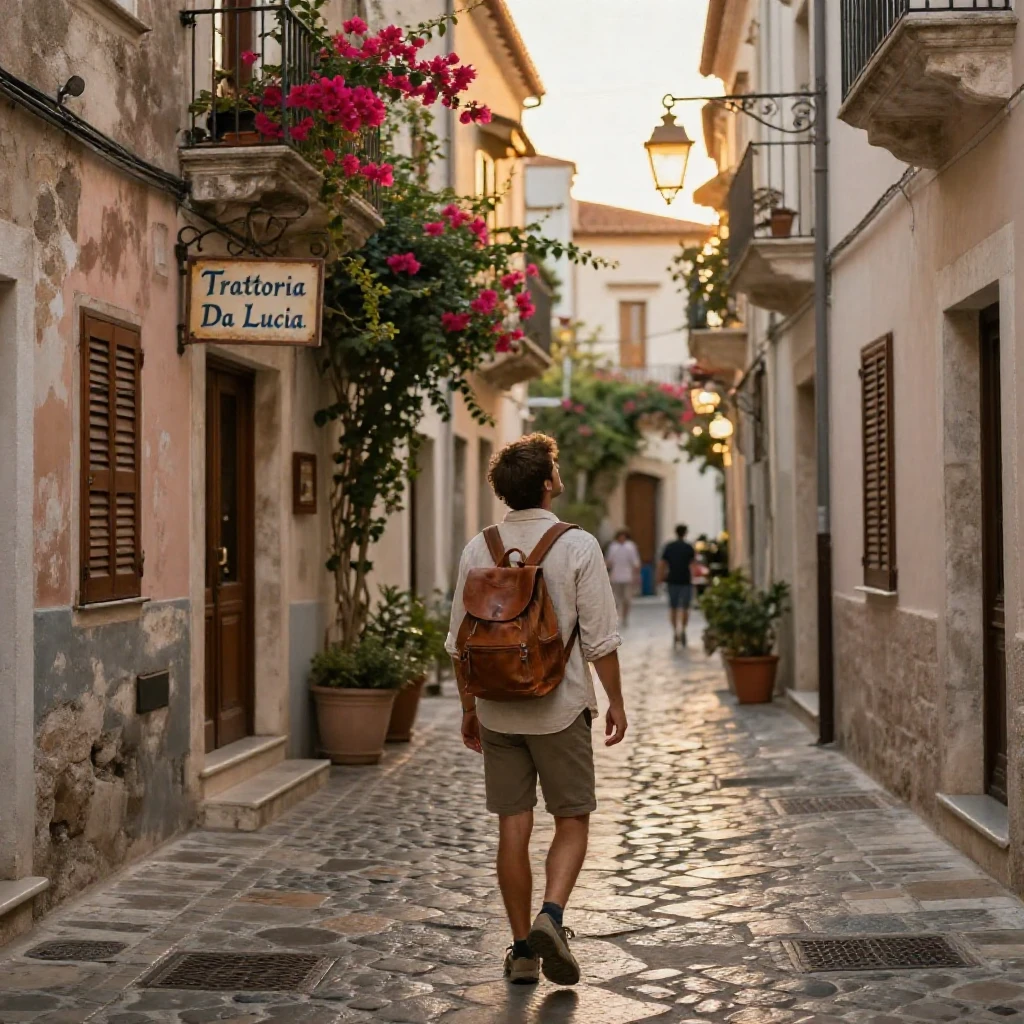 A traveler wandering through narrow alleys of an old Mediterranean town.