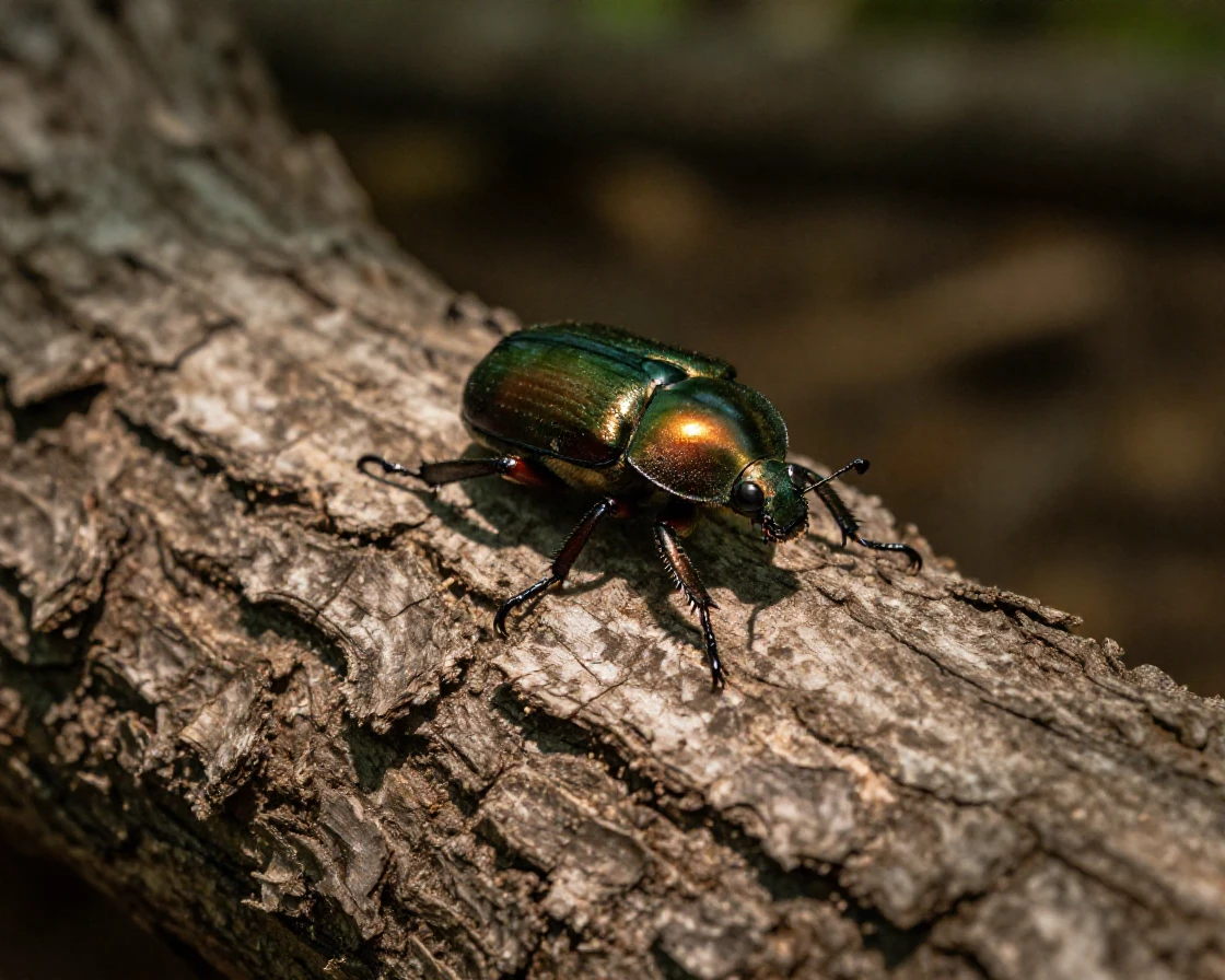 A close-up of a beetle walking across a textured tree bark.