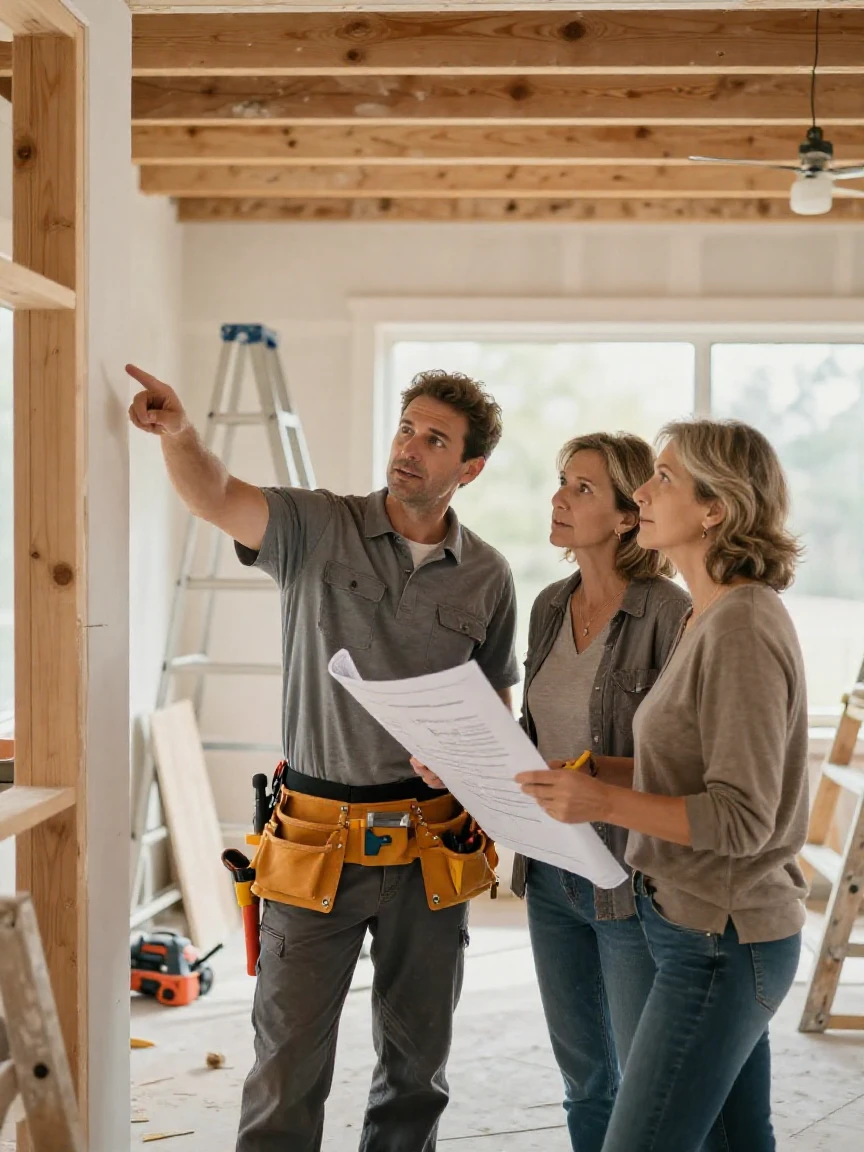 A contractor pointing out structural details to homeowners during a renovation.