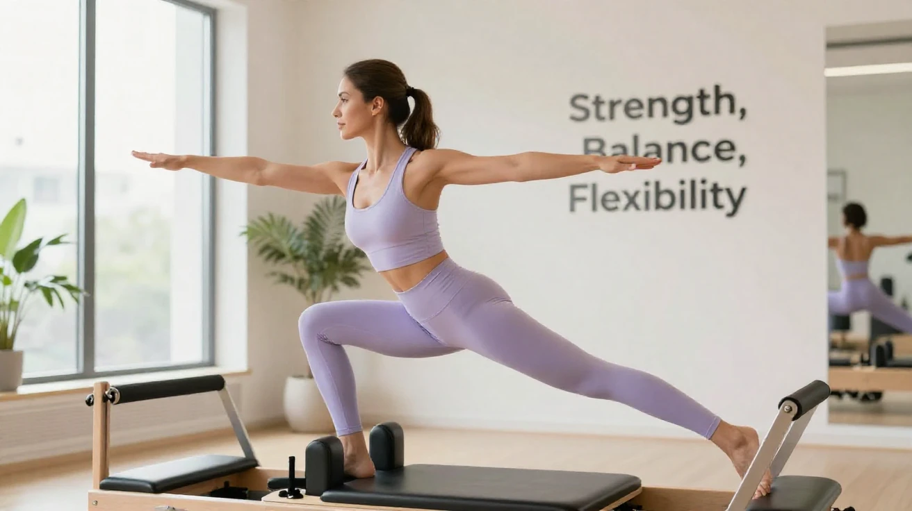 A woman doing a Pilates reformer workout at a studio.